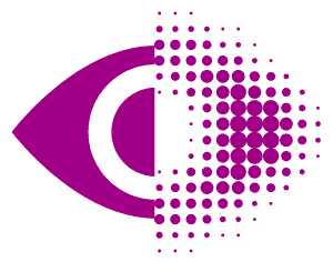 Logo der BSBH: Ein stilisiertes Auge in Violett, dessen rechte H�lfte sich in unterschiedlich gro�e Punkte aufl�st.