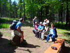 Manfred auf einem Stein sitzend, davor Ede, Josef, Silvia und Ingrid auf einer Bank