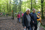 im Wald: Werner, Marc-Eric, Erik, dahinter Madeleine kommen durch ein Wildgatter