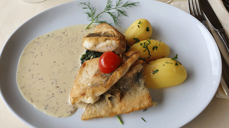 Teller mit Fischgericht, schön angerichtet, im Golfclub.