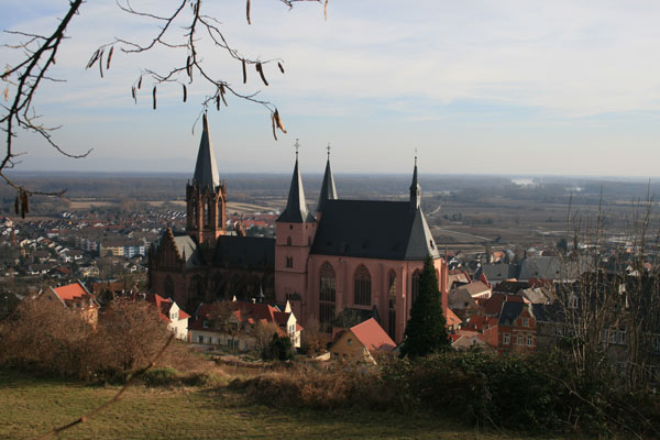 Blick auf die Katharinenkirche: in der Mitte die beiden romanischen Tuerme, rechts  der fruehgotische Ostchor, links  das spaetgotische Langhaus mit Querschiff und Tuermen.